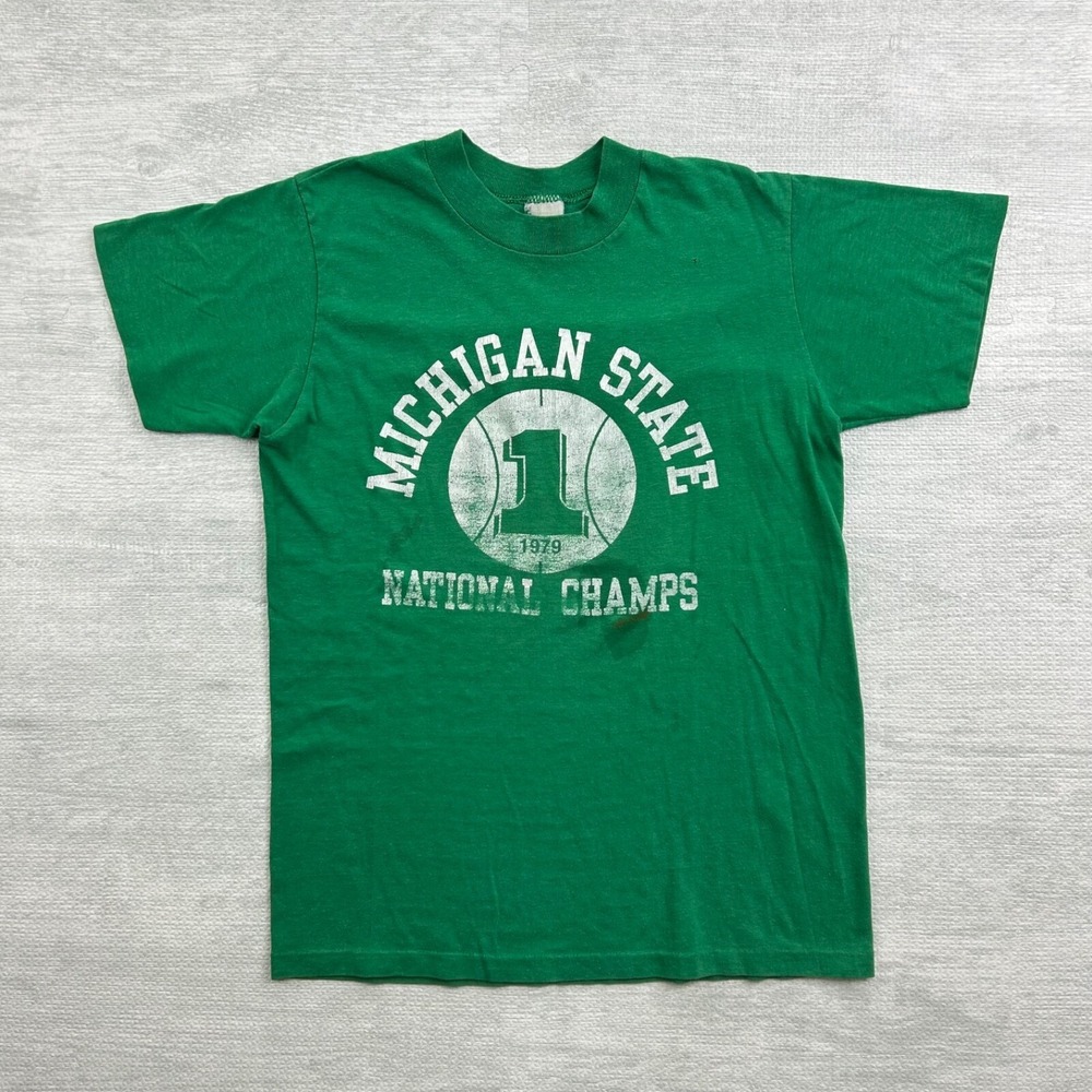 Vintage 70s Michigan State National Champions Shirt Size Small‎ Green Basketball